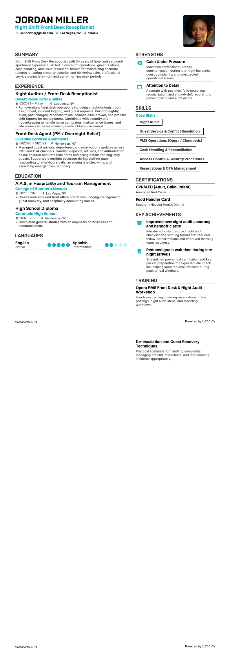 Night Shift Front Desk Receptionist example resume