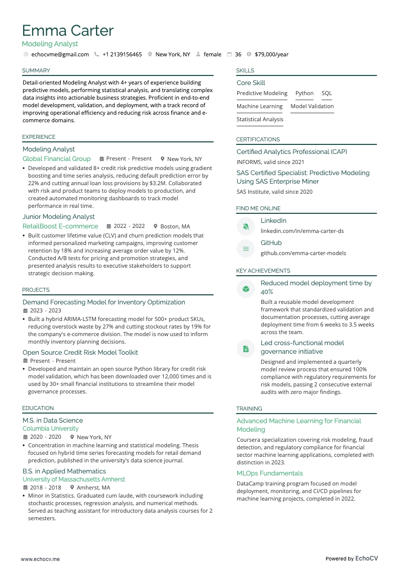 モデリングアナリスト example resume