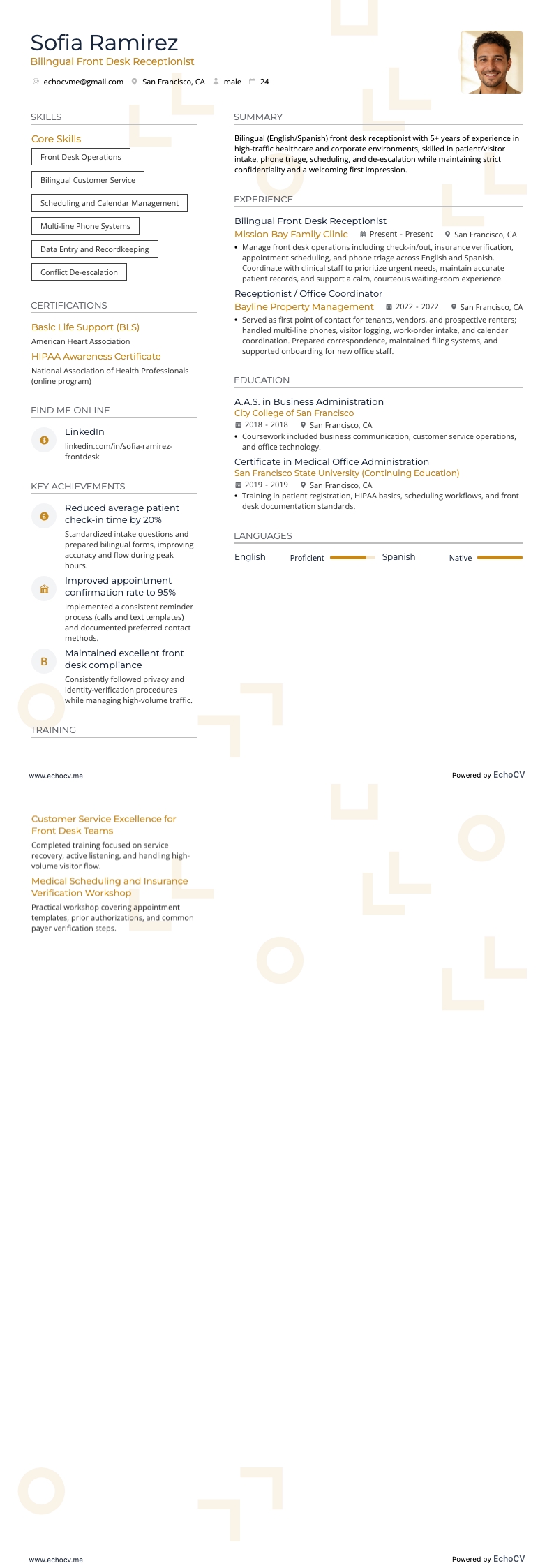 Bilingual Front Desk Receptionist example resume