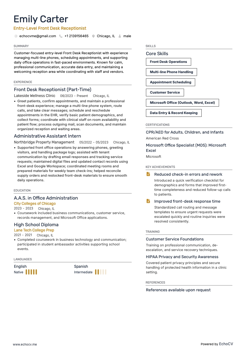 Entry-Level Front Desk Receptionist example resume