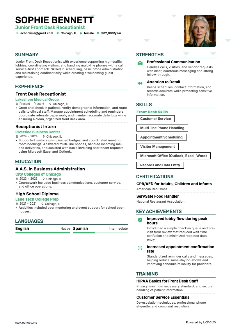Junior Front Desk Receptionist example resume
