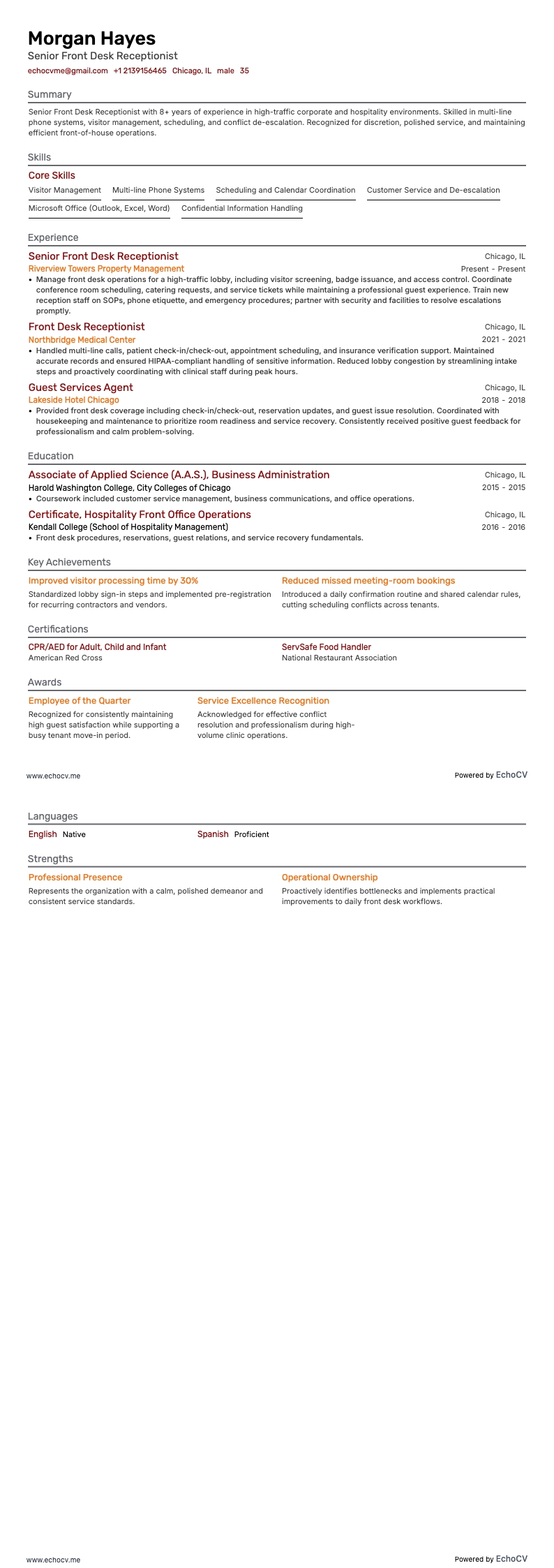 Senior Front Desk Receptionist example resume