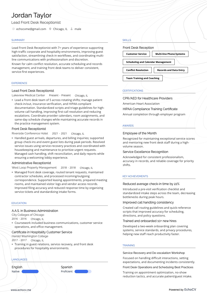 Lead Front Desk Receptionist full preview