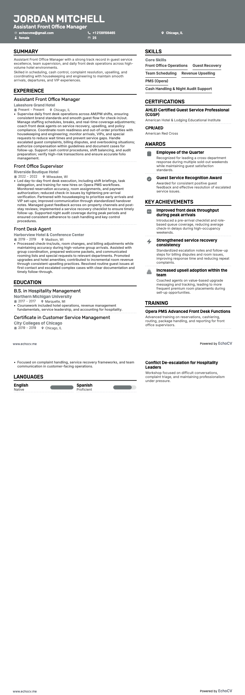 Assistant Front Office Manager example resume