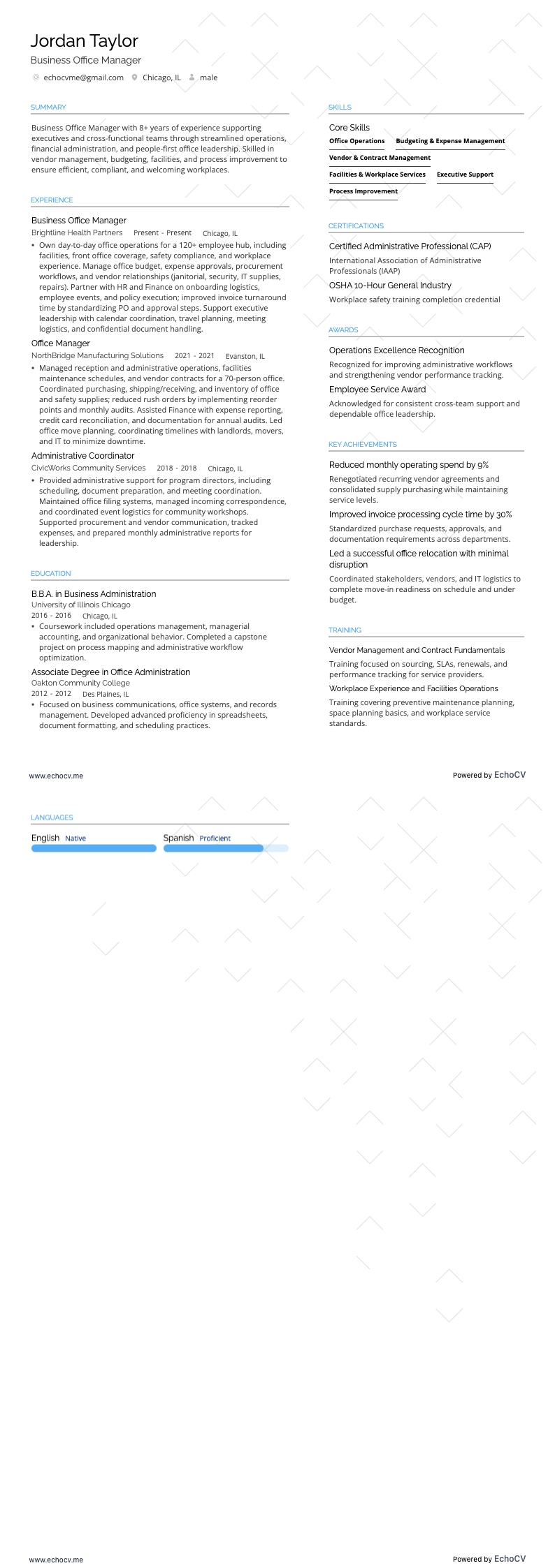 Business Office Manager example resume