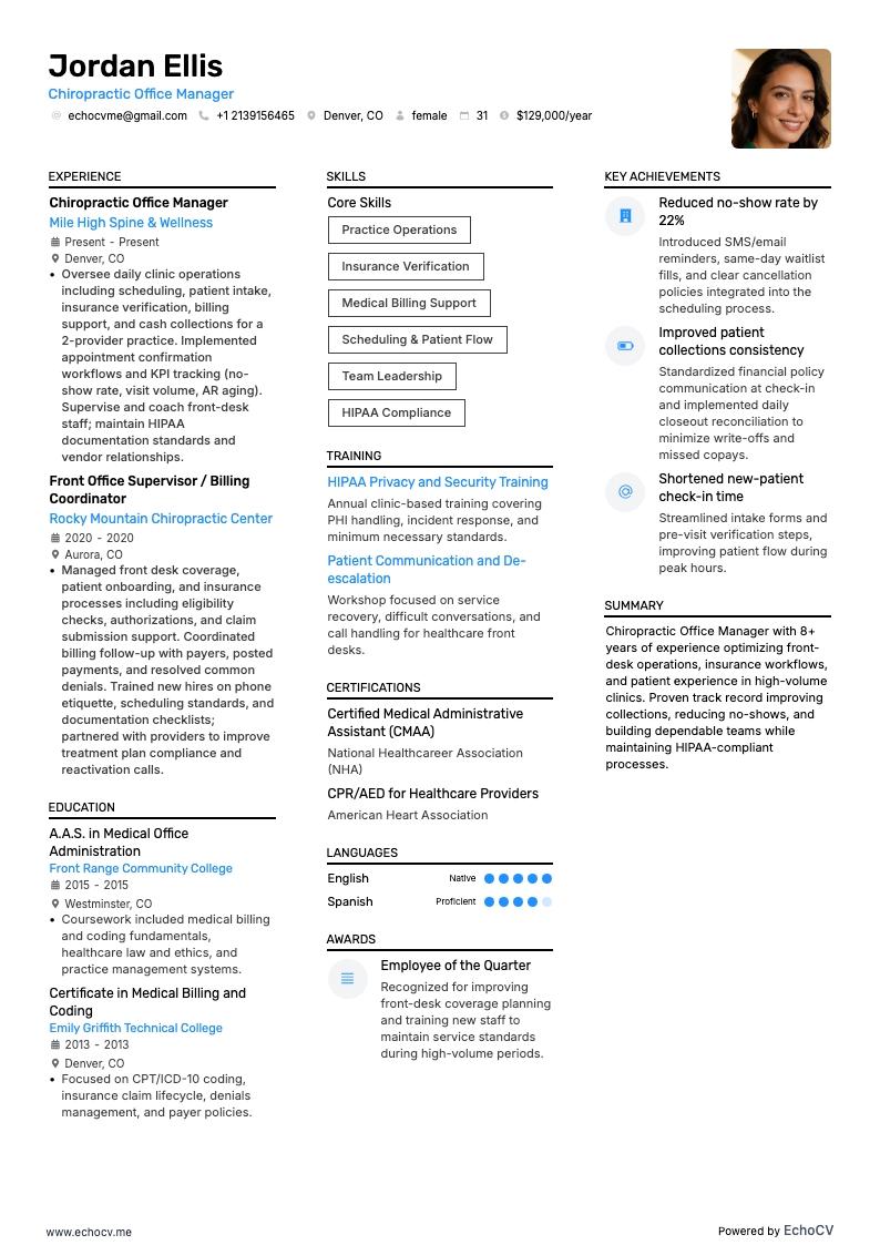 Chiropractic Office Manager example resume