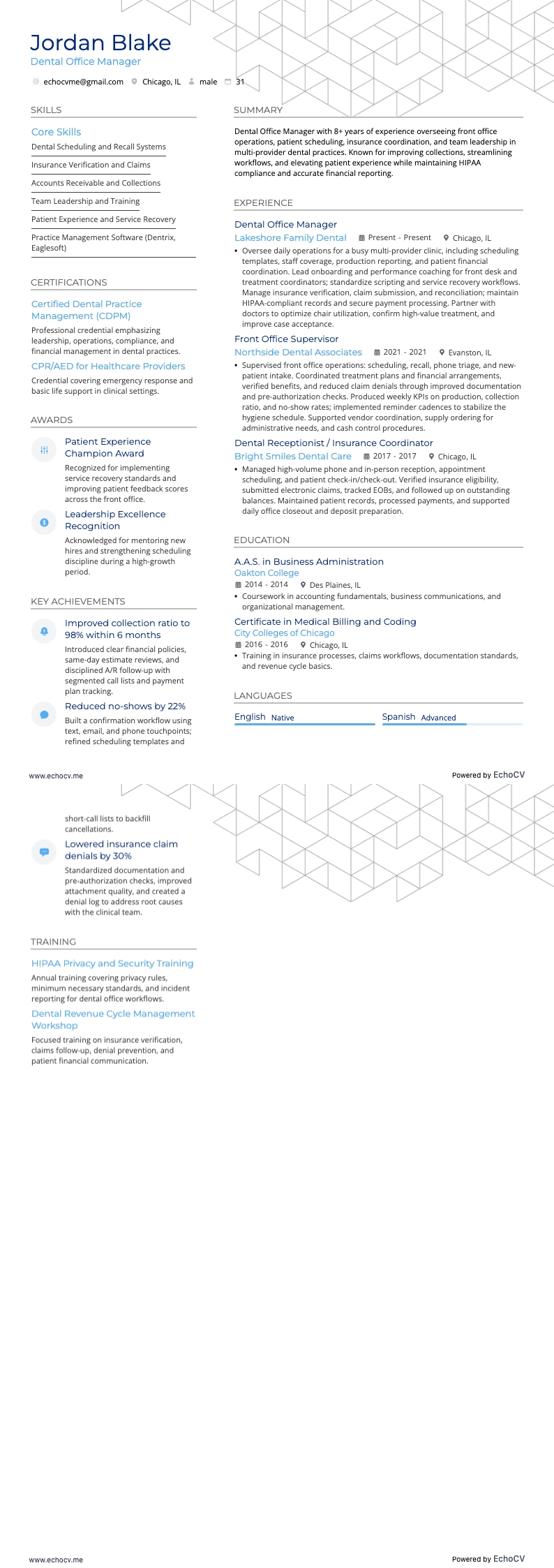 Dental Office Manager example resume