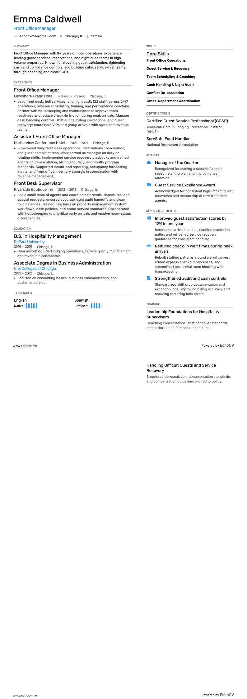 Front Office Manager example resume