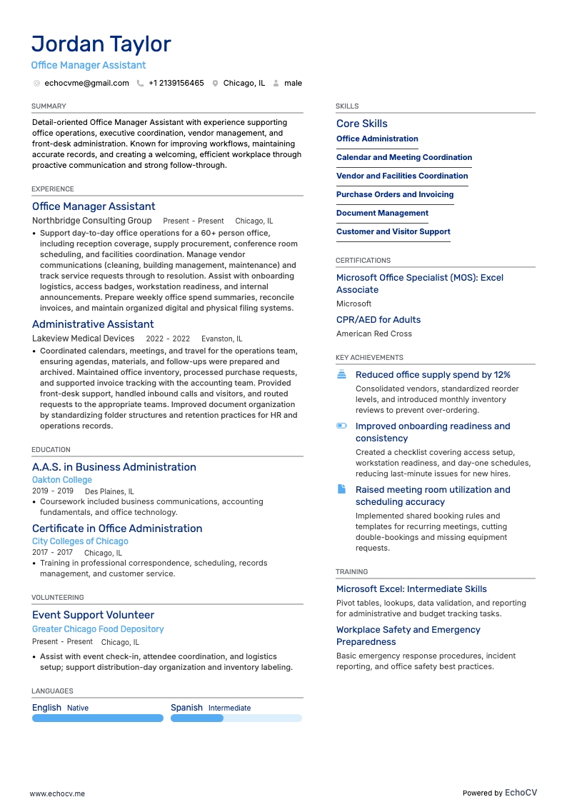 Office Manager Assistant example resume