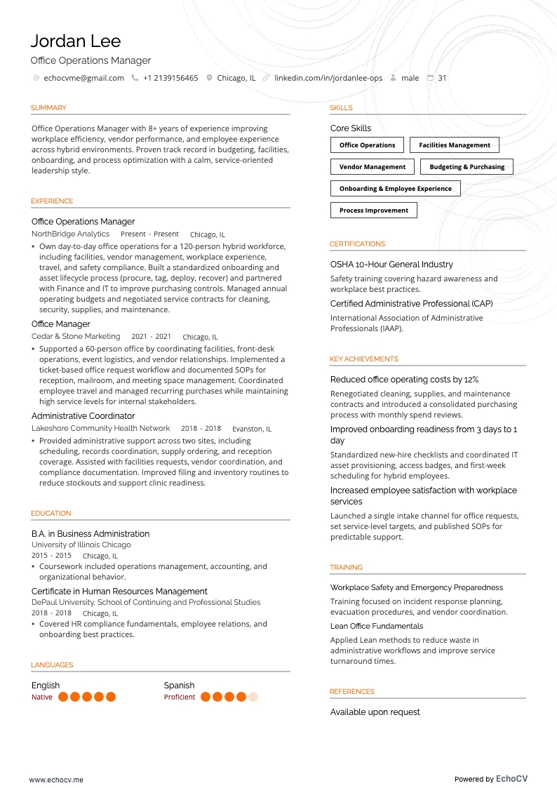 Office Operations Manager example resume