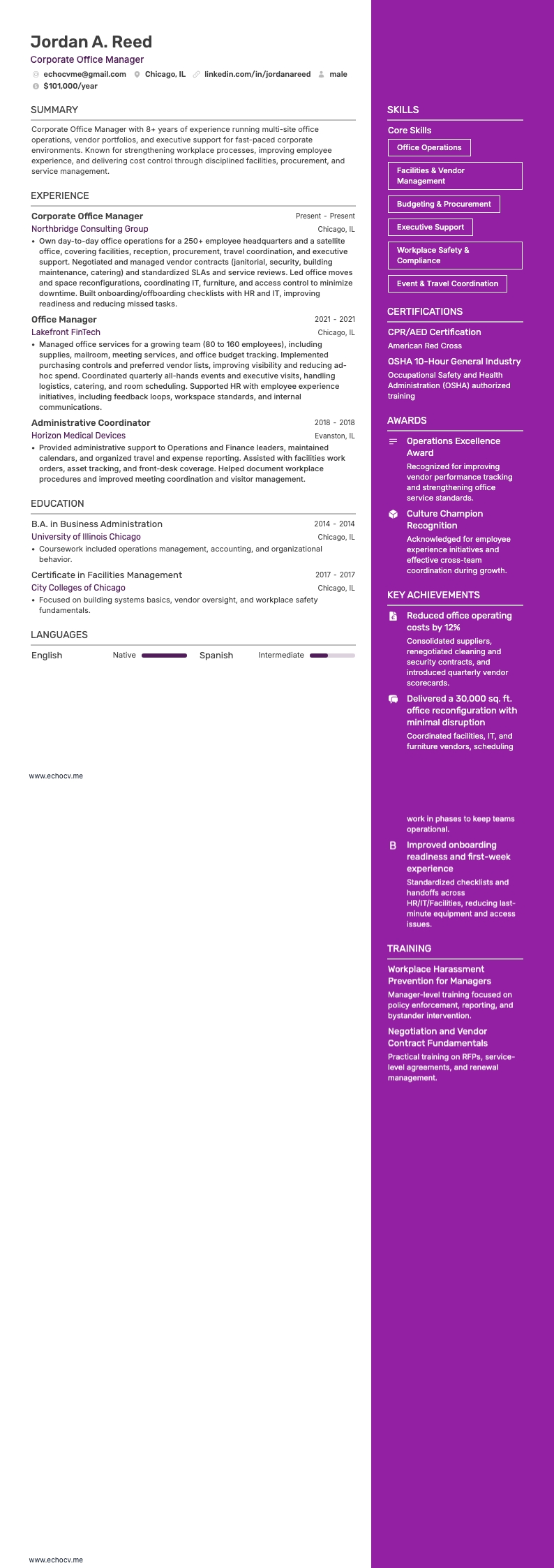 Corporate Office Manager example resume