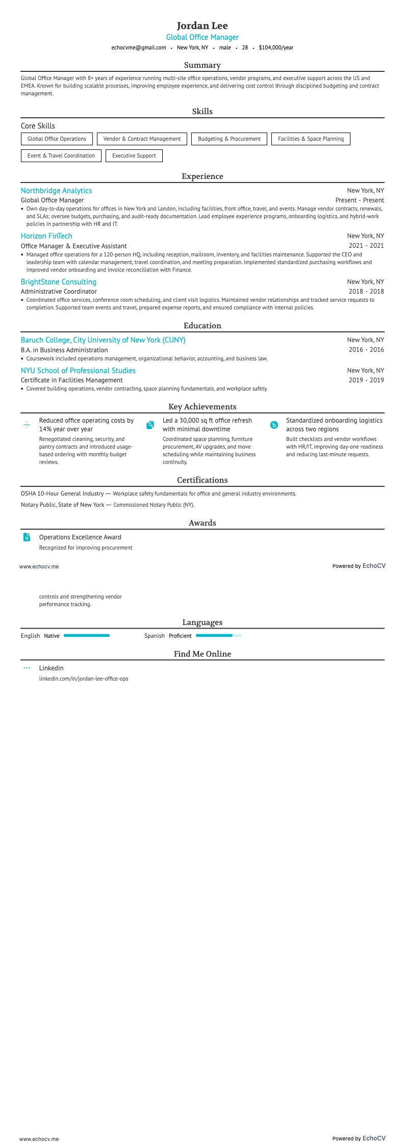Global Office Manager example resume