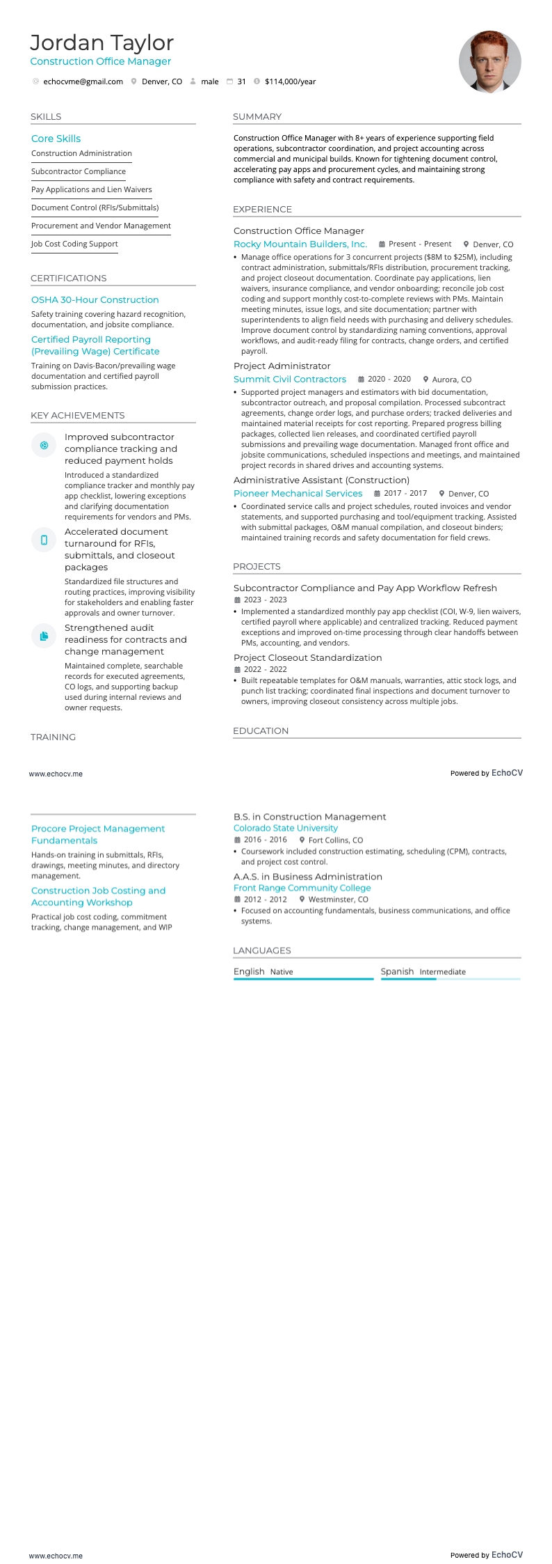 Construction Office Manager example resume