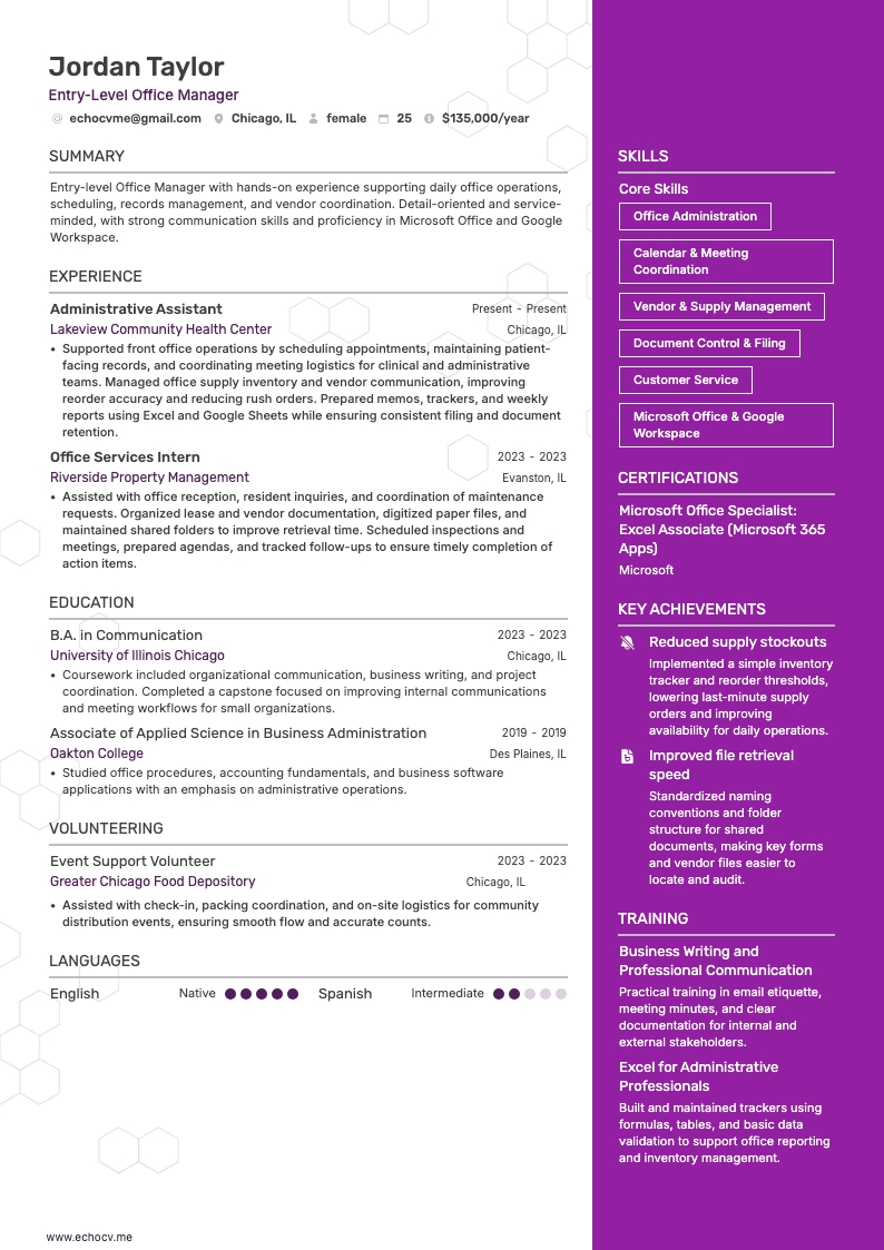 Entry-Level Office Manager example resume