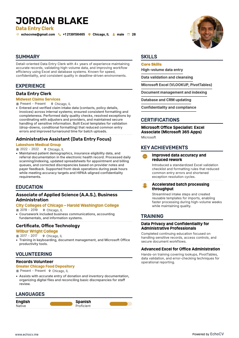 データ入力担当者 example resume