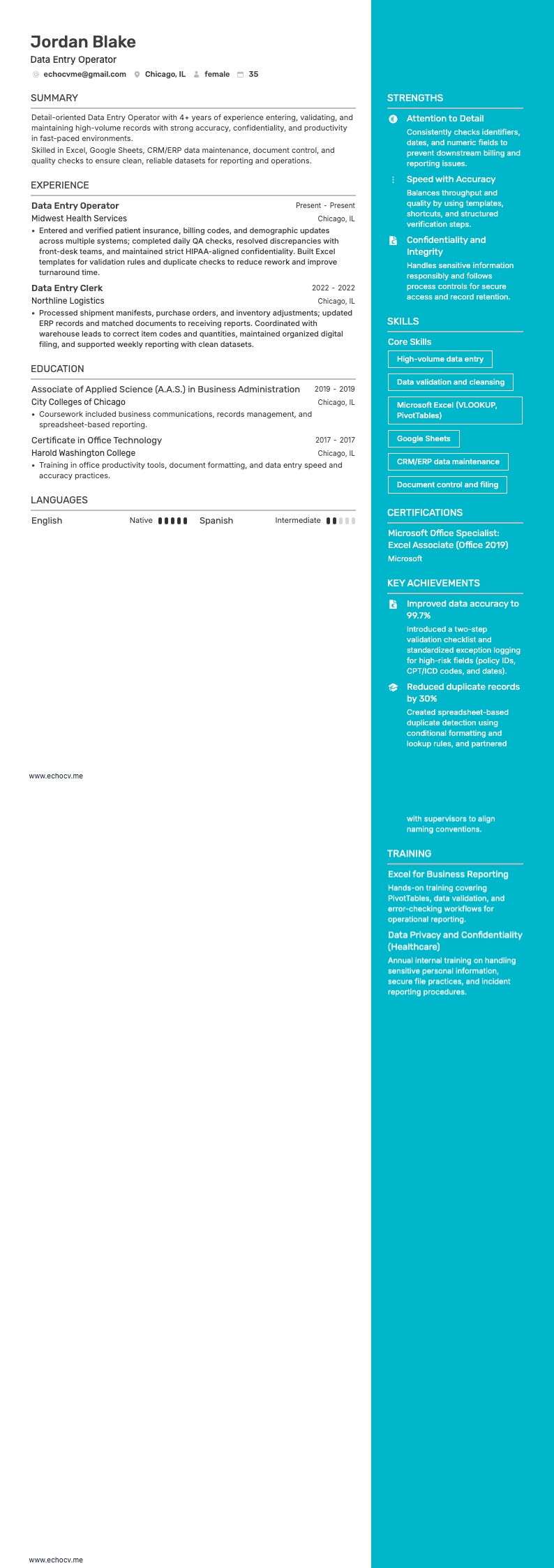 データ入力オペレーター example resume