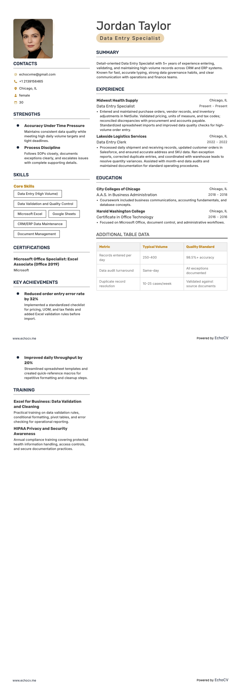 データ入力スペシャリスト example resume