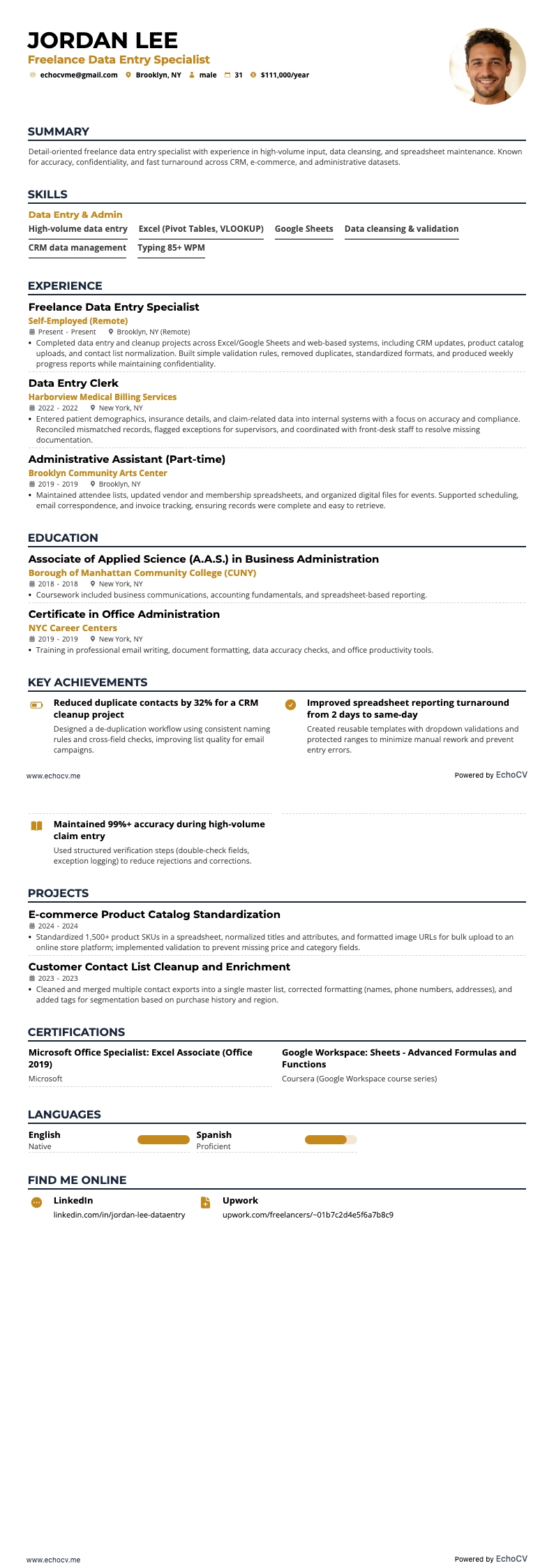フリーランスのデータ入力 example resume