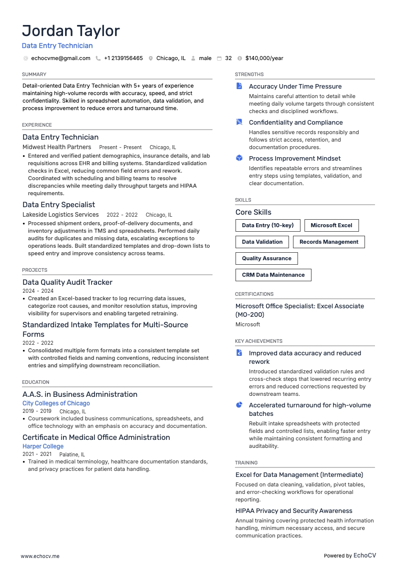 データ入力技術者 example resume