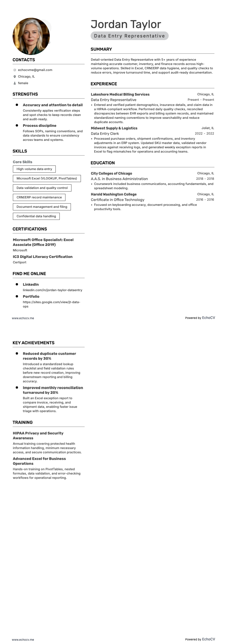 データ入力担当者 example resume