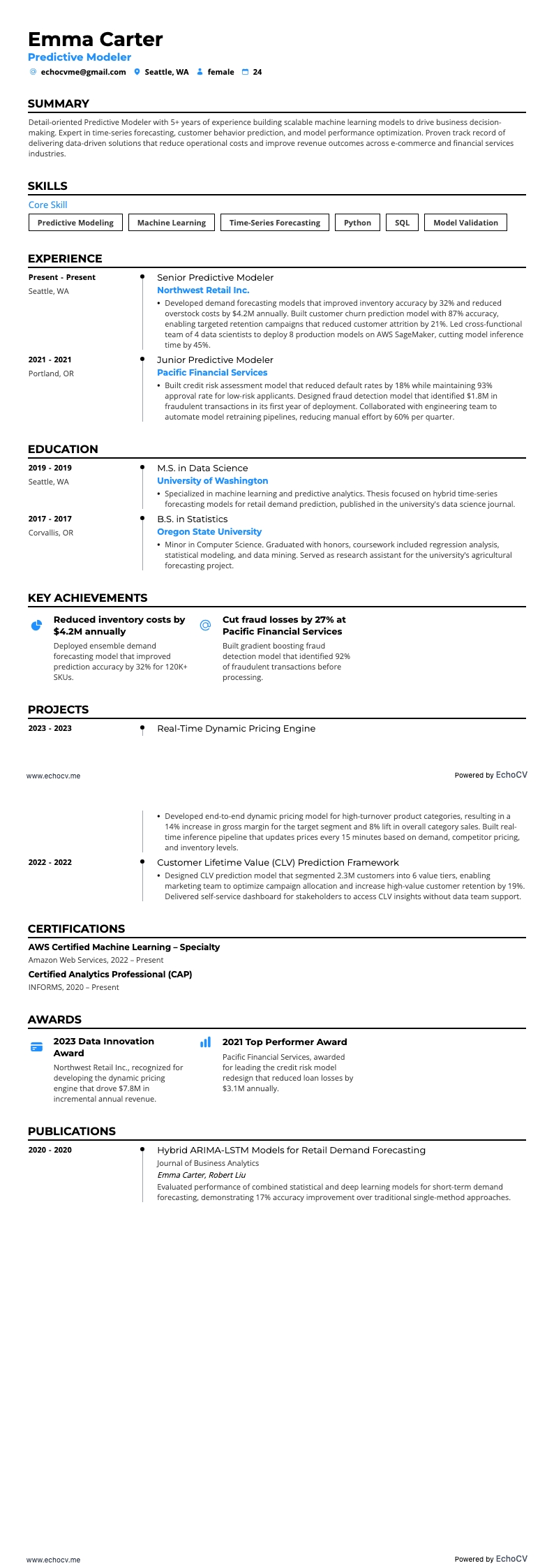予測モデラー example resume