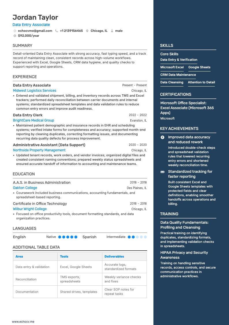 データ入力担当 example resume