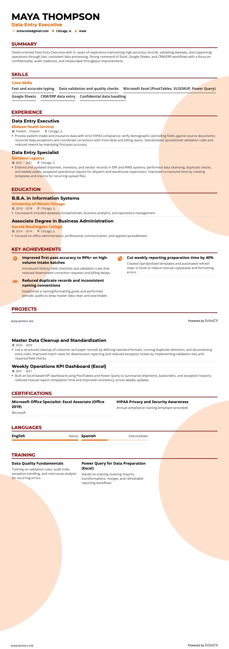 データ入力担当者 example resume