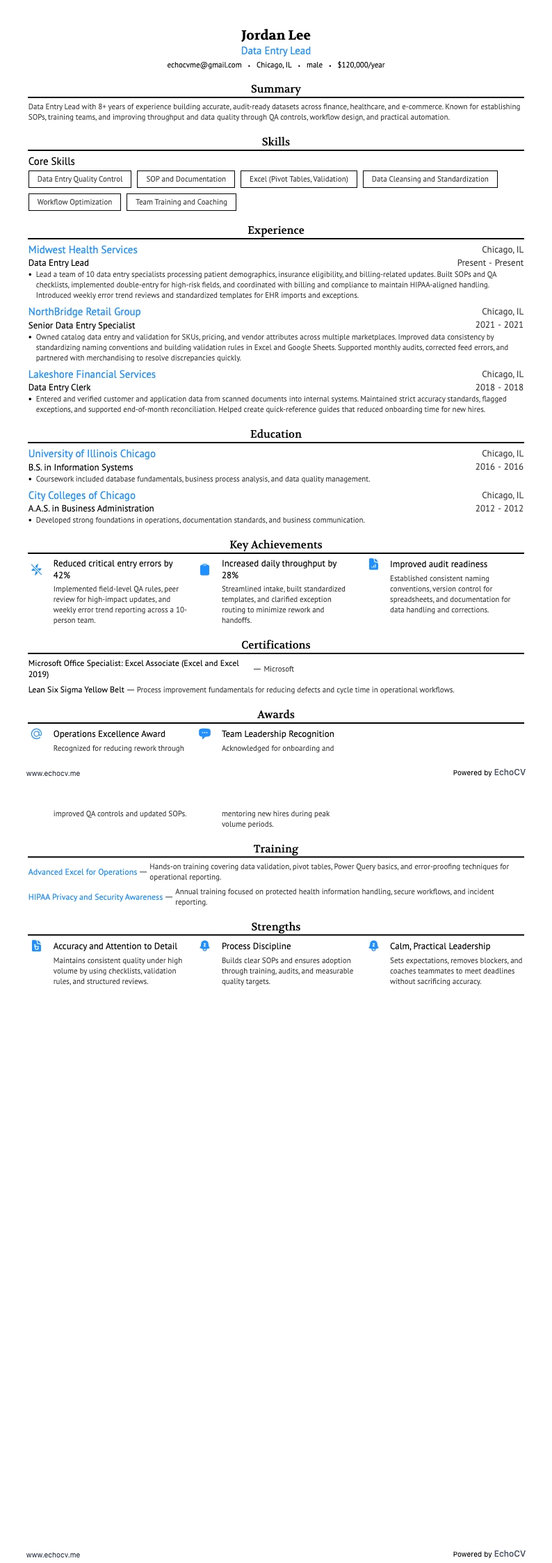 データ入力リーダー example resume