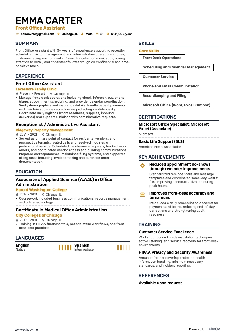 Assistente de receção example resume