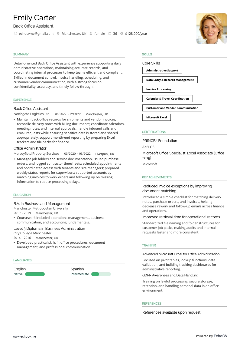 Assistente de Back Office example resume
