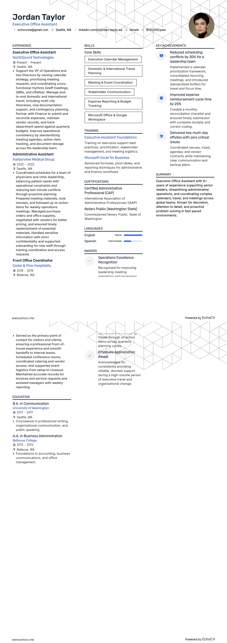 Assistente de escritório executivo example resume