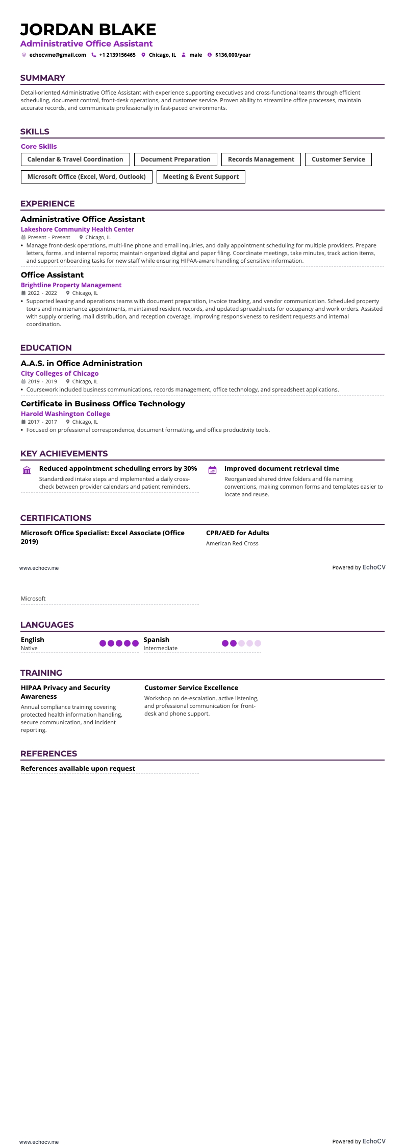 Assistente administrativo de escritório example resume