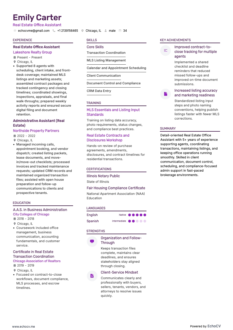 Assistente de escritório resume example