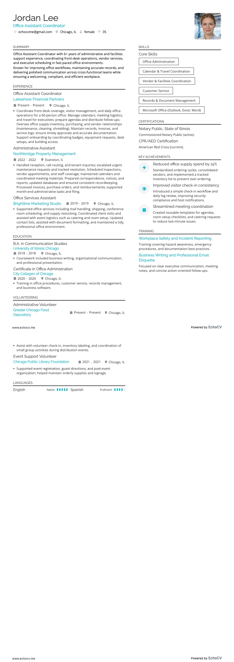 Coordenador de Assistentes de Escritório example resume