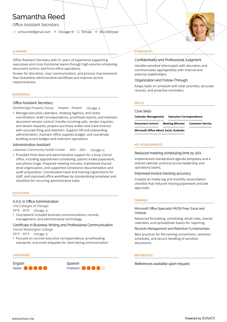 Assistente de escritório e secretariado example resume