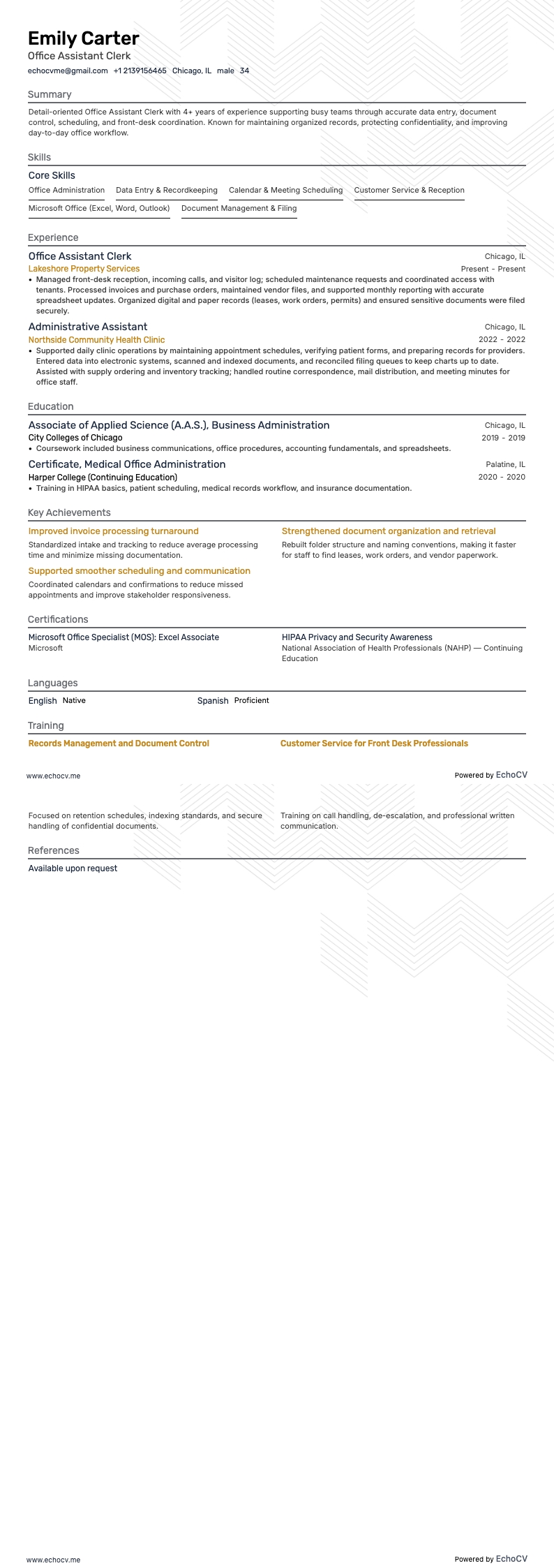 Assistente administrativo de escritório example resume