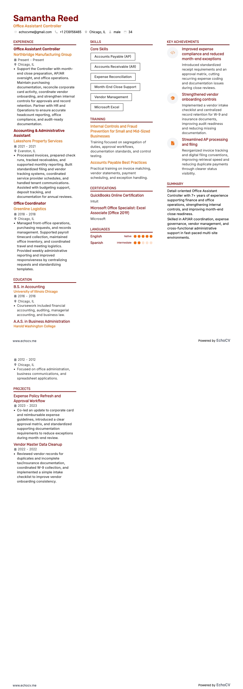 Assistente de escritório controlador example resume