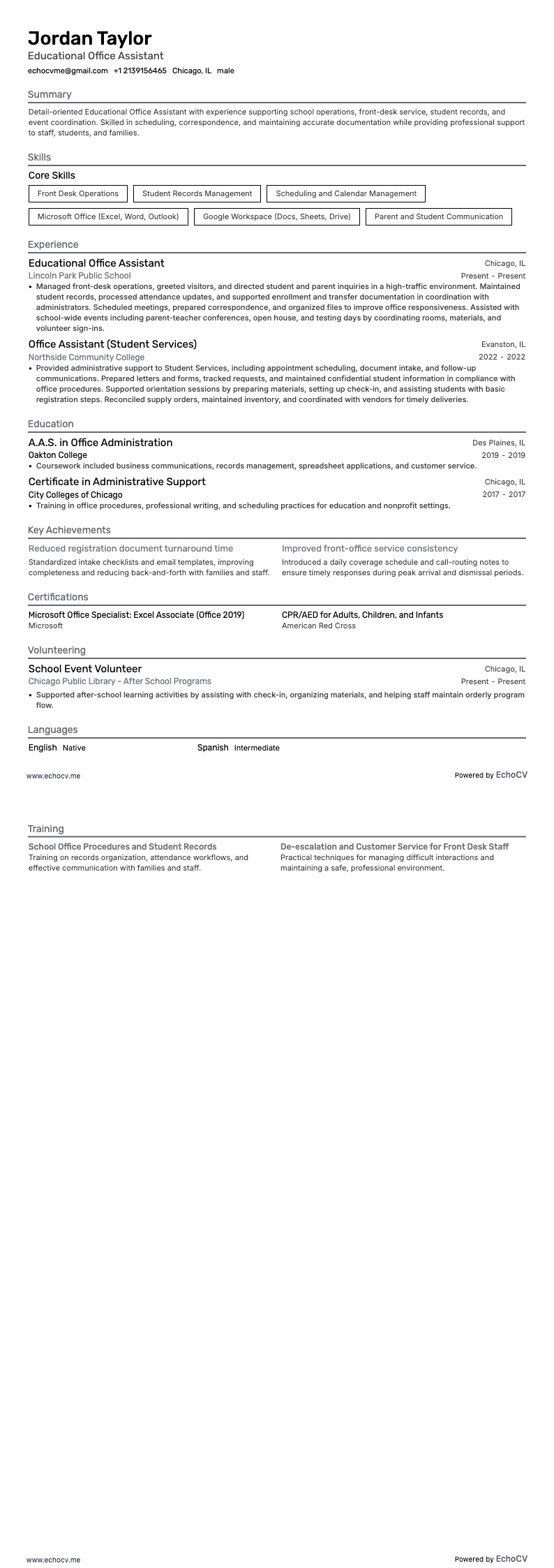 Assistente de escritório educacional example resume