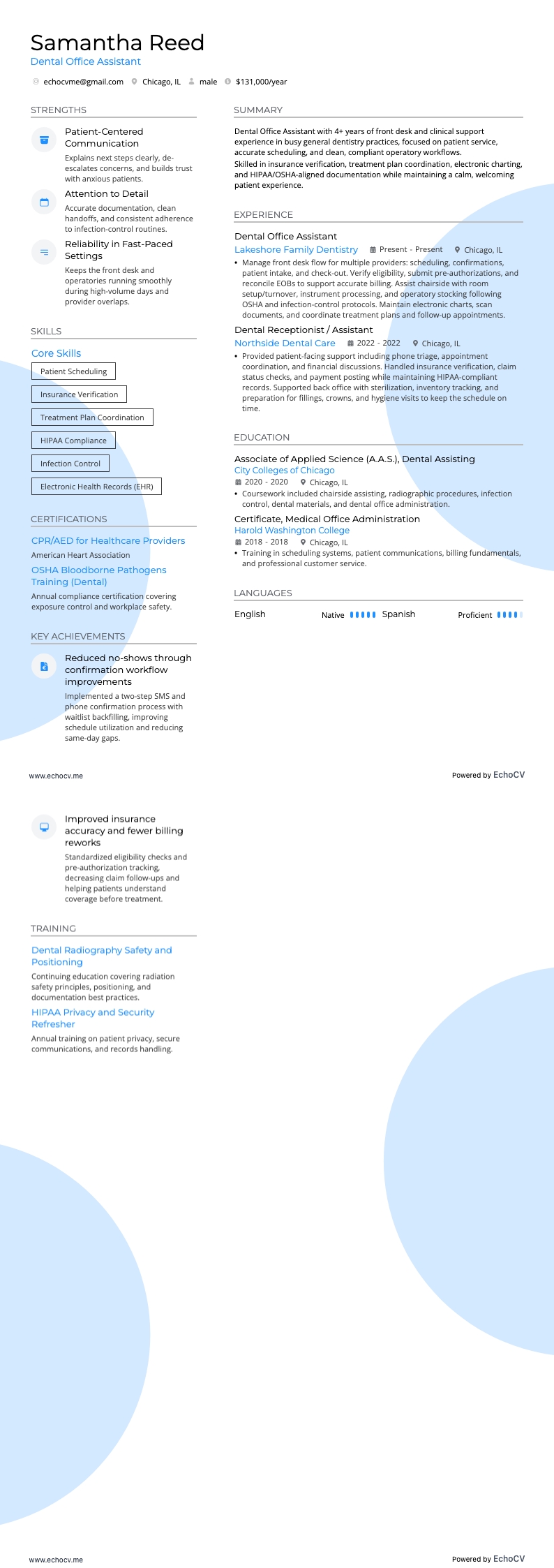 Assistente de consultório odontológico example resume