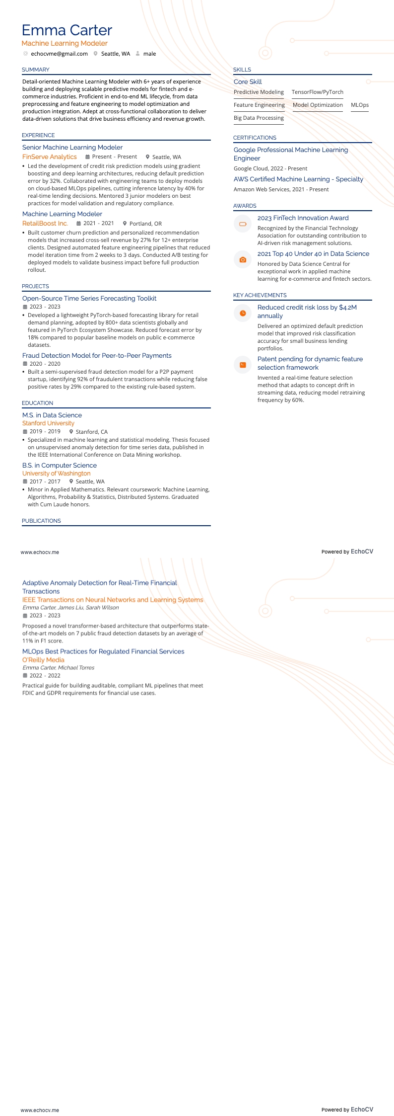 機械学習モデラー example resume