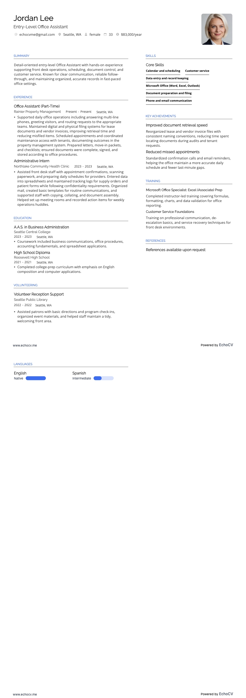 Assistente de escritório iniciante example resume
