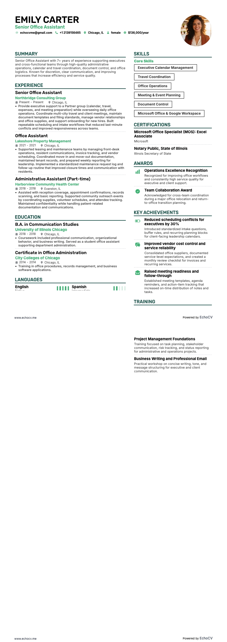 Assistente administrativo sênior example resume