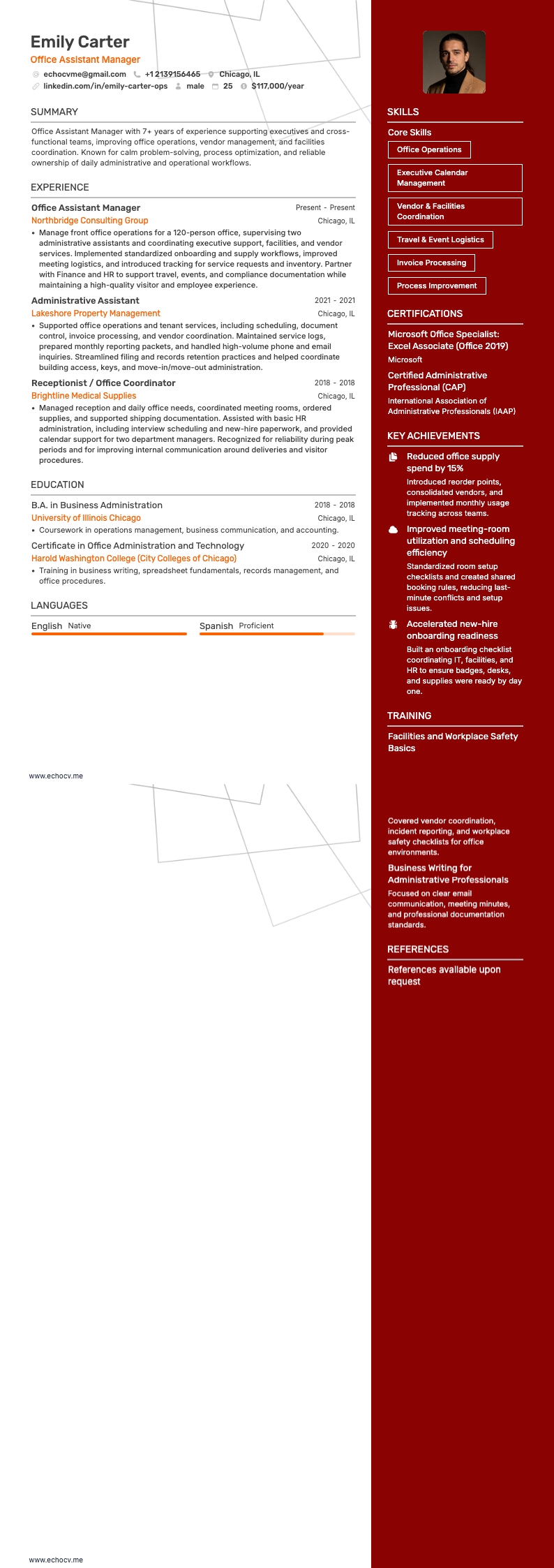 Gerente de Assistência de Escritório example resume