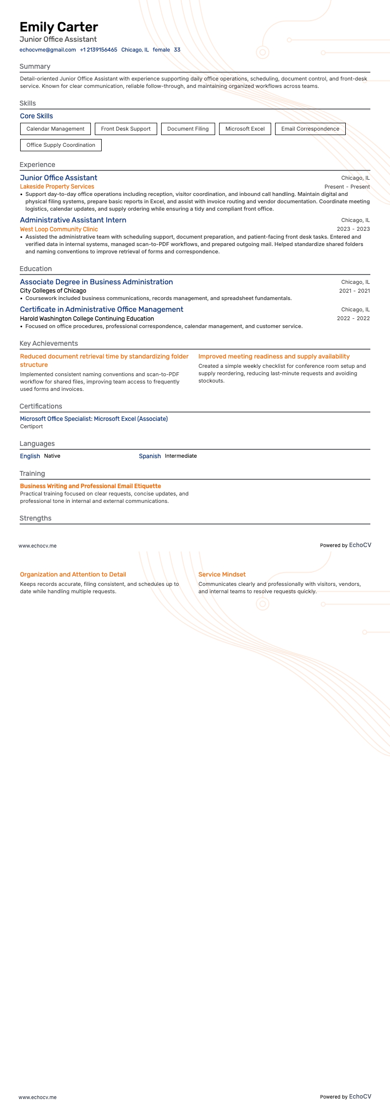 Assistente de escritório júnior example resume