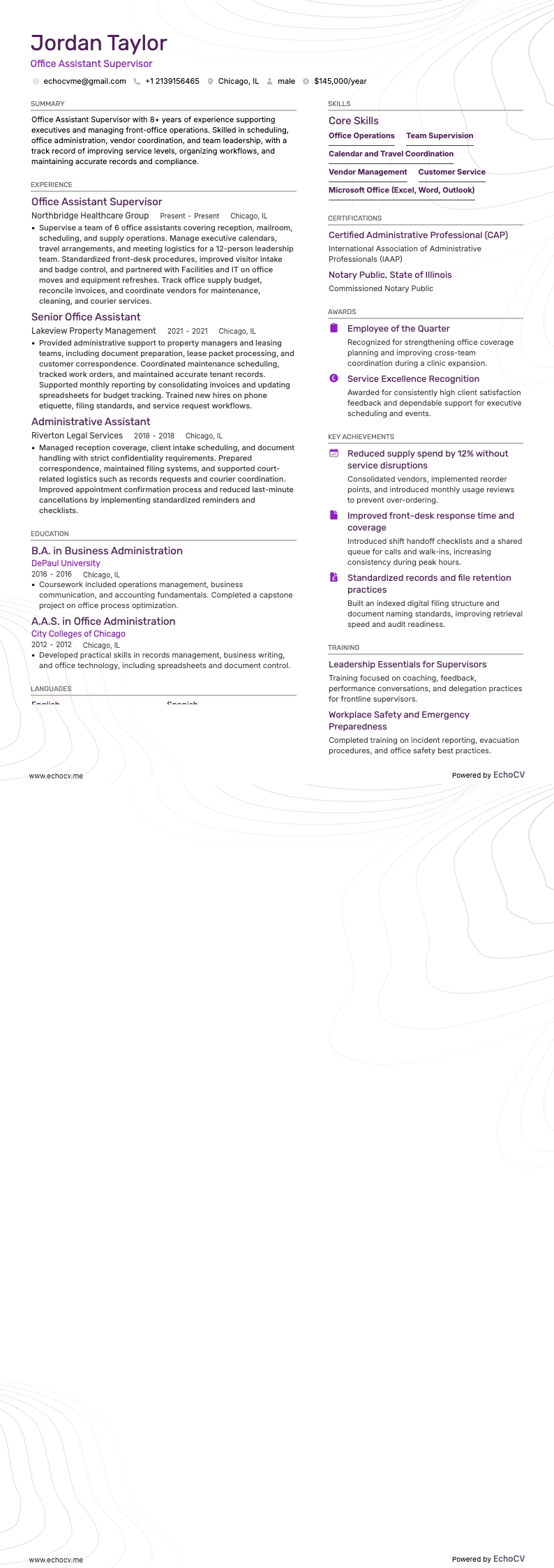 Supervisor de assistentes de escritório example resume