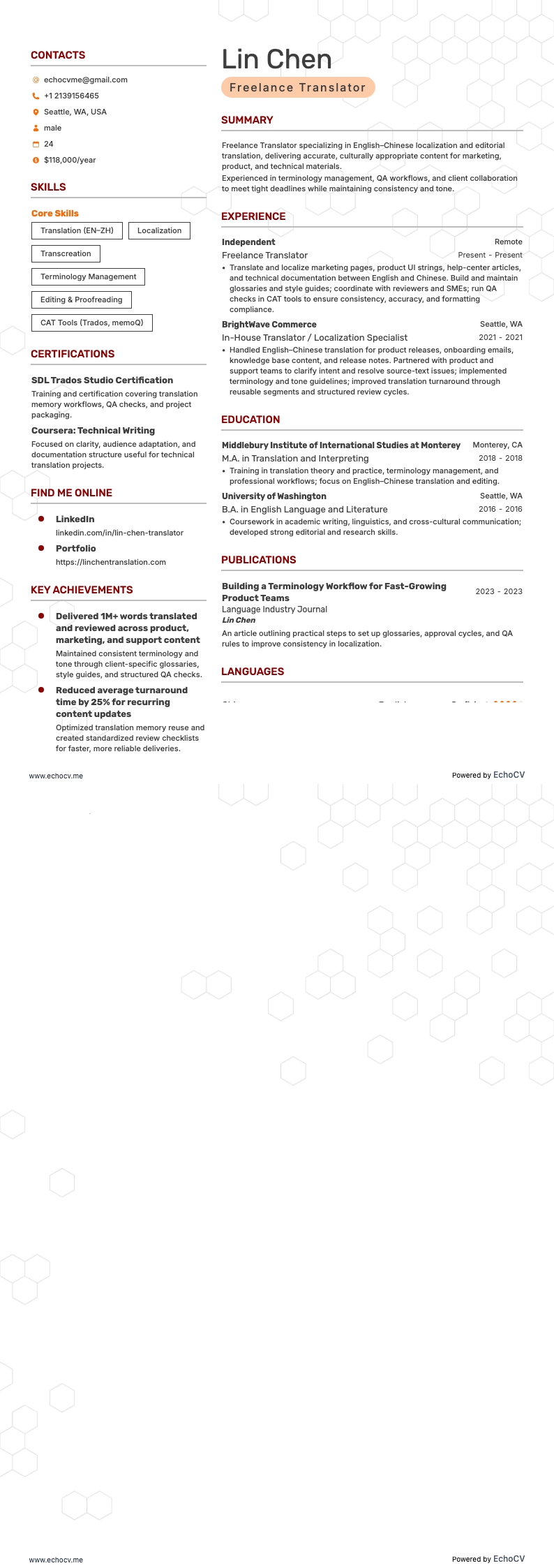 Freelance Translator example resume