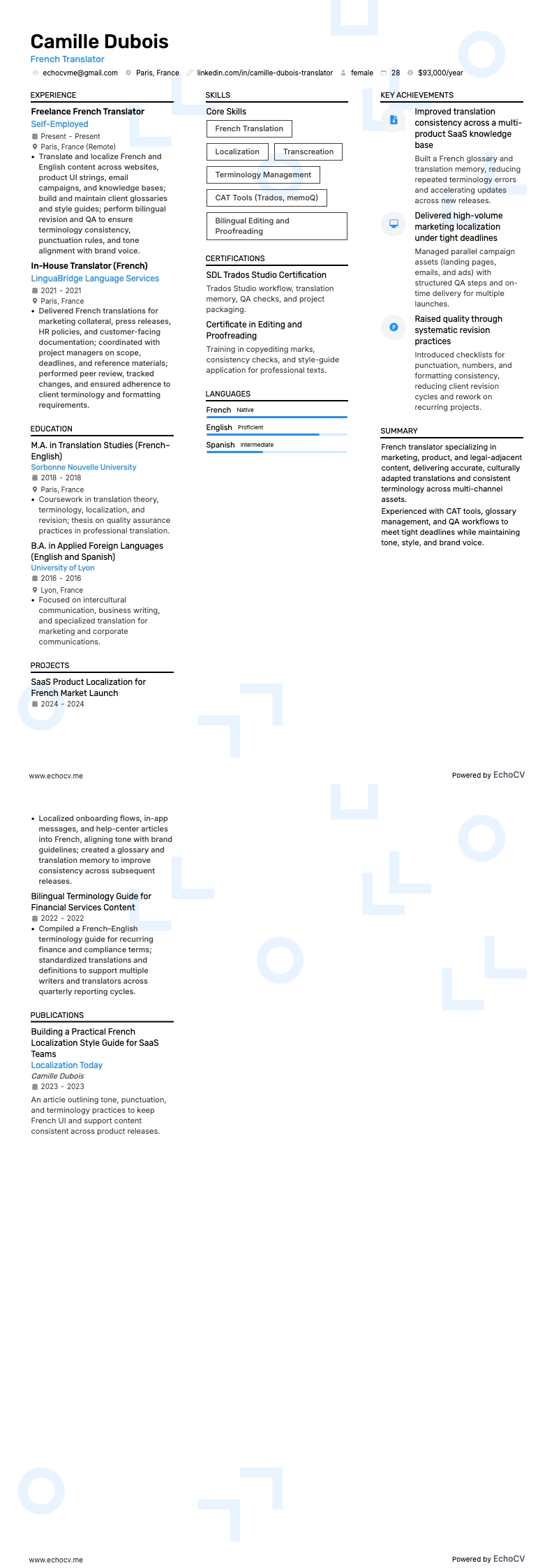 French Translator example resume