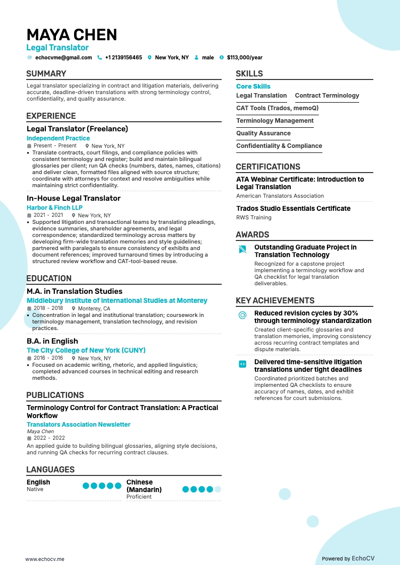 Legal Translator example resume
