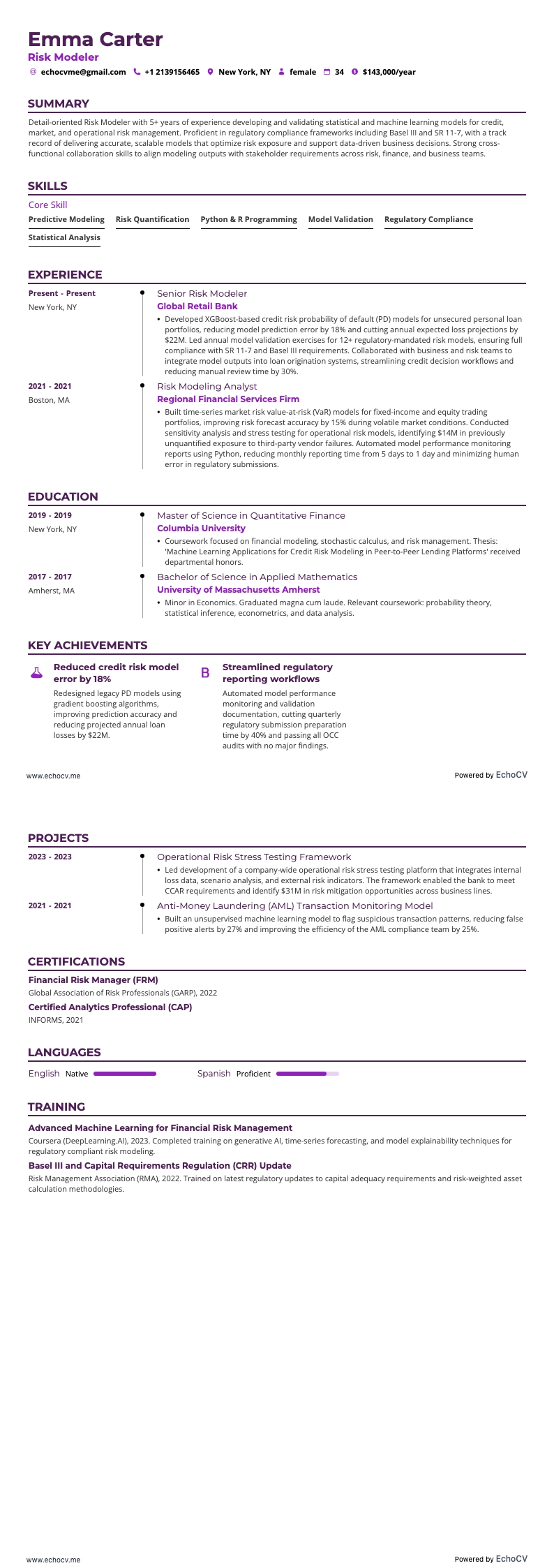 リスクモデラー example resume