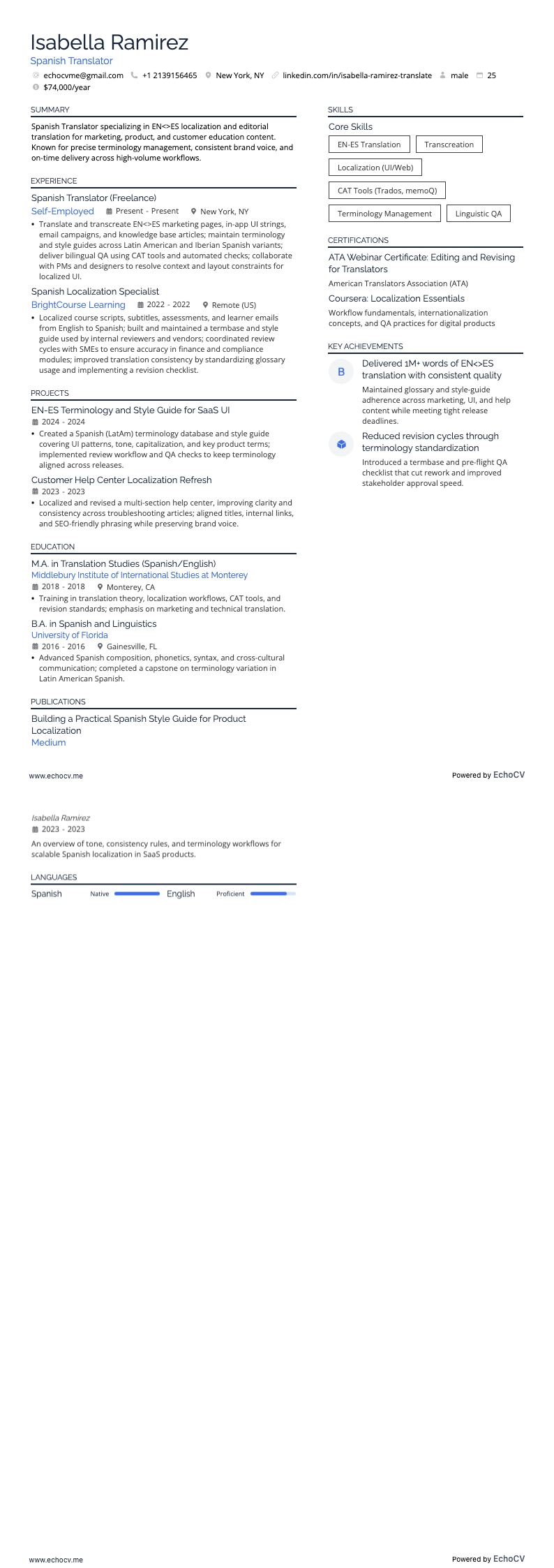 Spanish Translator example resume